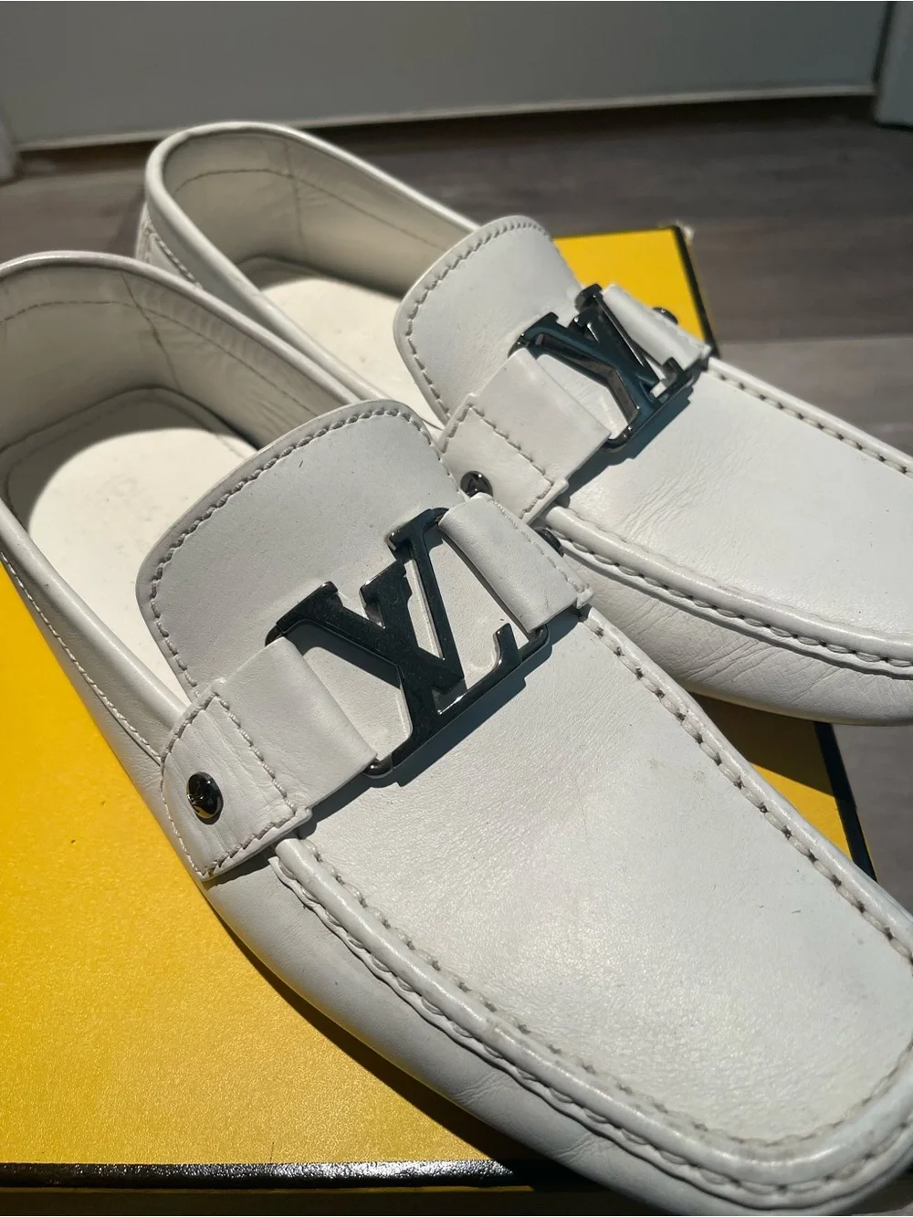 Louis Vuitton White Leather Men's Loafers with Silver LV Buckle